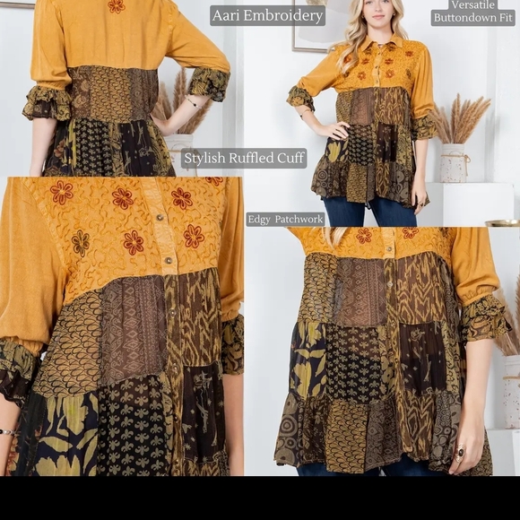 #116 NWT Young Threads Camel Earthy Boho Patchwork Tiered Top Woman Size L - Picture 16 of 16